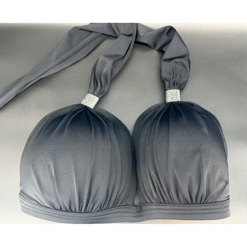 VENUS Black Halter Bikini Top 34G/36DDD Textured Silver Hardware